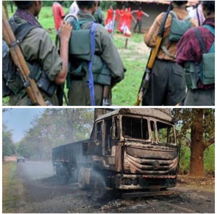 नारायणपुर में नक्सलियों का उत्‍पात, आमदई माइंस में परिवहन के लिए लगे वाहन में लगाई&nbsp;आग