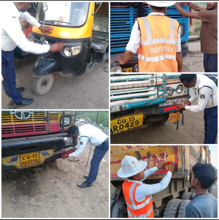 रायगढ़ यातायात पुलिस हाईवे में कमर्शियल एवं ट्रांसपोर्ट वाहनों पर नि:शुल्क लगा रही रिफ्लेक्टर, सड़क सुरक्षा को बढावा देने यातायात पुलिस का&nbsp;अभियान…..