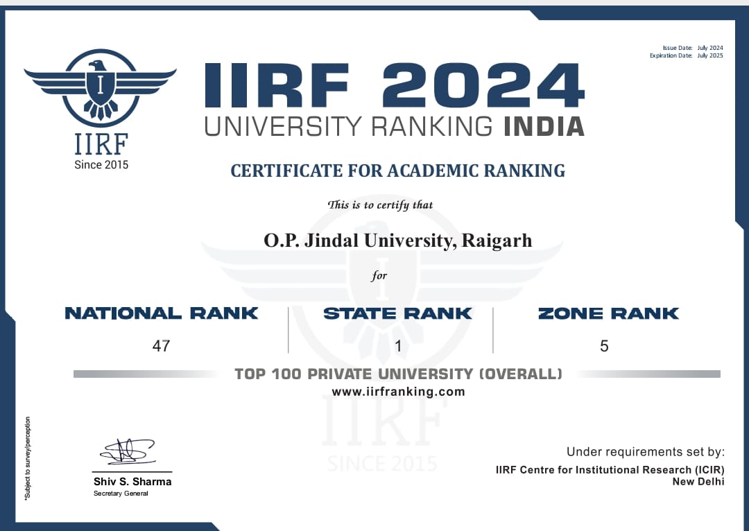 ओपी जिंदल विश्वविद्यालय ने यूनिवर्सिटी रैंकिंग इंडिया- “इंडियन इंस्टीट्यूशनल रैंकिंग फ्रेमवर्क (IIRF) 2024” में किया अभूतपूर्व प्रदर्शन 