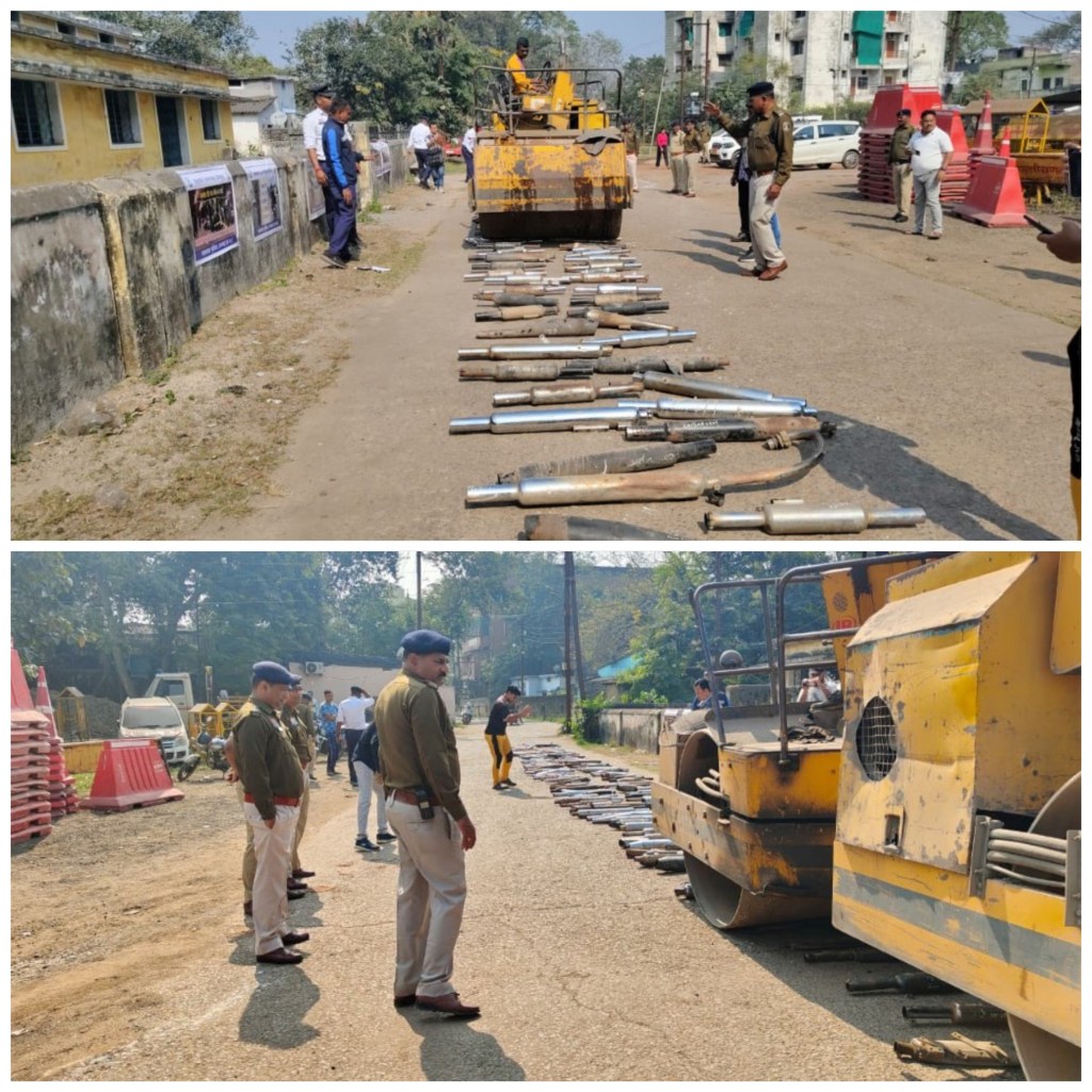 रायगढ़ यातायात पुलिस की बड़ी कार्रवाई, रोड़ रोलर से नष्ट कराया 200 मॉडिफाई साइलेंसर…..